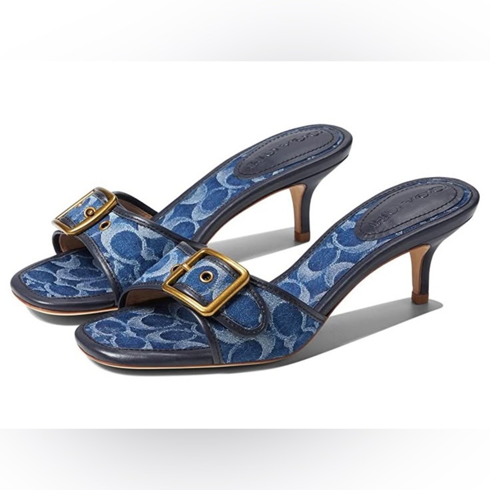 Coach Margot Signature Denim Slide Sandals Deep Blue Gold Buckle Size 10B Rare 💙